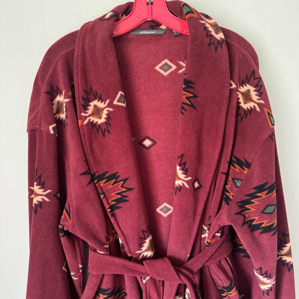 Southwestern Aztec Design Fleece Bath Robe Burgundy - Picture 3 of 8